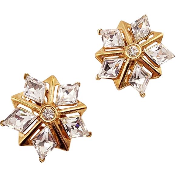 Vintage Crystal Star Earrings Gold Tone Clip On Mid Century Mod Radiance & Fire - Picture 1 of 5